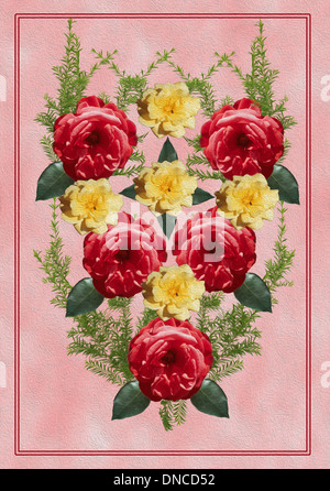 Einzigartige digitale Blumenkunst mit hellen und gelbe Rosen und grünen Farn Laub im geometrischen Design Pastell rosa Hintergrund Stockfoto
