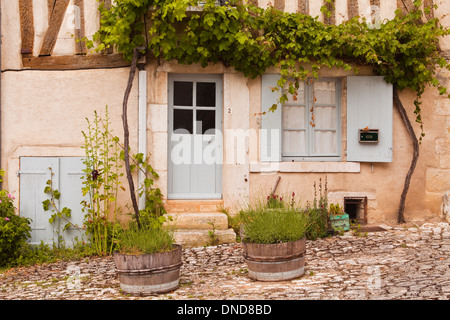 Fassade des Hauses dekoriert mit Pflanzen im Dorf Noyers-Sur Serein. Stockfoto