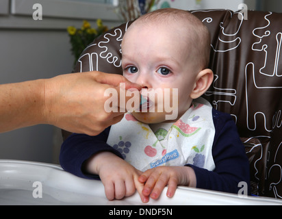 Junge, 9 Monate, gefüttert Stockfoto