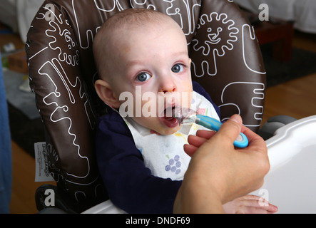 Junge, 9 Monate, gefüttert Stockfoto