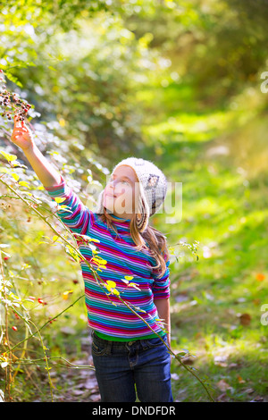 Kind Winter Mädchen Maulbeere Beerensammeln im Wald mit Mütze Stockfoto