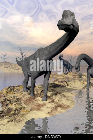 Drei Brachiosaurus Dinosaurier in der Nähe von Wasser mit Reflexion von Sonnenuntergang und Vollmond. Stockfoto