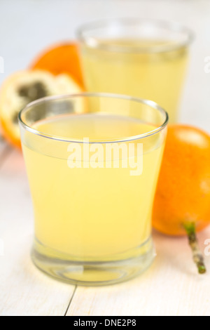 Frischer Saft gemacht süße Granadilla oder Grenadia (lat. Passiflora Ligularis) aus Glas mit Granadilla Obst in den Rücken Stockfoto