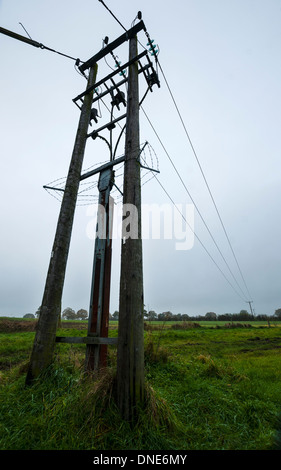 Telegrafenmast mit Glas Isolatoren und Strom Kabel, im Feld "Land". Stockfoto