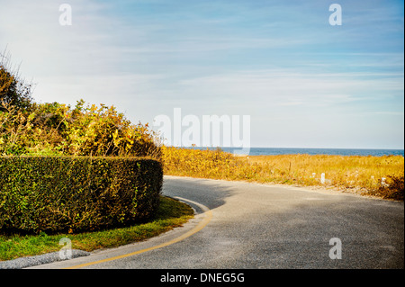 Blick auf den Ozean von einer Landstraße im Herbst auf Nantucket Cape Cod Massachusetts mit Kopie Raum und Vintage Retro-Gefühl. Stockfoto