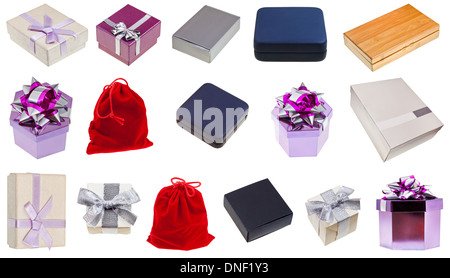 Reihe von verschiedenen Geschenkboxen isoliert auf weißem Hintergrund Stockfoto