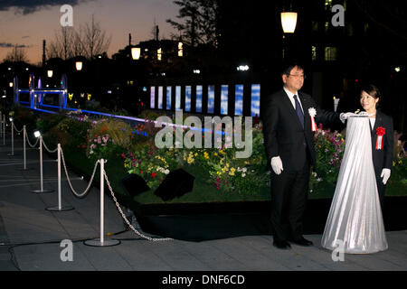 Tokyo, Japan - The Chairman Nakamura (L, R) und der London Olympia-Silbermedaillengewinner für Gewichtheben, Hiromi Miyake bei der Eröffnungsfeier des Tokyo Michiterasu 2013 vor Tokyo Station am 24. Dezember 2013. Die Beleuchtung der in diesem Jahr präsentiert die leichten Räder auf Stadtbahn und die leichten Zug-Fenster. Die Veranstaltung beginnt ab dem 24. Dezember bis 29. bei nahe Tokyo Station. Bildnachweis: Rodrigo Reyes Marin/AFLO/Alamy Live-Nachrichten Stockfoto