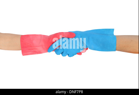 Hand schütteln in einem Gummihandschuhe isoliert auf weißem Hintergrund (mit Clipping-Pfad) Stockfoto