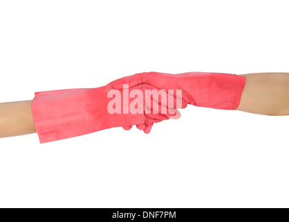 Hand schütteln in einem Gummihandschuhe isoliert auf weißem Hintergrund (mit Clipping-Pfad) Stockfoto