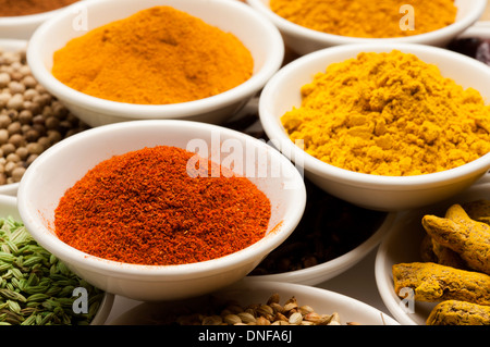 Gewürz, Kurkuma, Chili-Pfeffer, Currypulver, Kurkuma, Fenchel Stockfoto