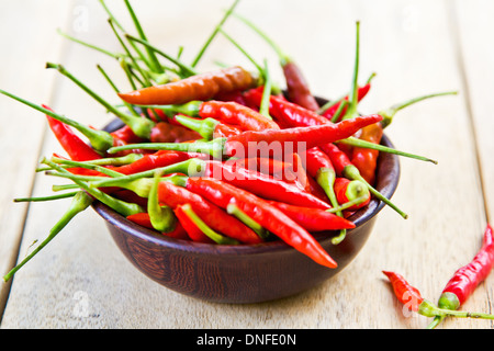 Frische Bird es Eye Chili in eine kleine Holzschale Stockfoto