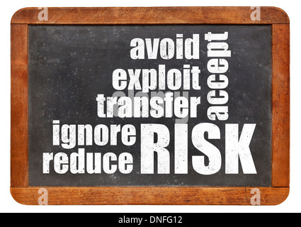Risiko-Management-Strategien - ignorieren, akzeptieren, vermeiden, reduzieren, zu übertragen und zu nutzen - Schlagwortwolke auf einer Vintage Schiefer Tafel Stockfoto