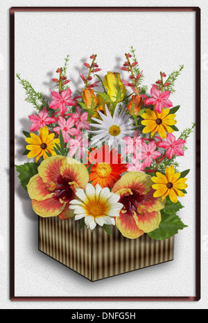 Einzigartige Floristik mit leuchtend bunten Blumenstrauß, orange Hibiskus, rote Gerbera, weißen da in gestreiften Feld vor weißem Hintergrund Stockfoto