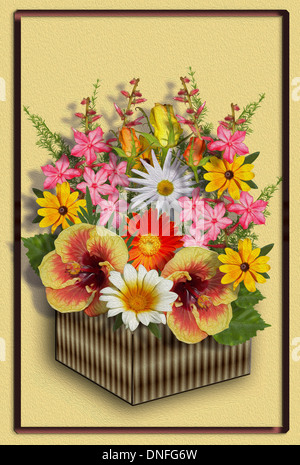 Einzigartige Floristik mit leuchtend bunten Blumenstrauß, orange Hibiskus, rote Gerbera, weißen da in gestreiften Feld Apricot gelb Hintergrund Stockfoto