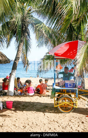 San Agustinillo Strand, Bundesstaat Oaxaca, Mexico. 25. Dezember 2013. Mexikanische Familie genießt Picknick unter einer Palme am tropischen Strand San Agustinillo, Bundesstaat Oaxaca, Mexico am Weihnachtstag, 25. Dezember 2013 Credit: Dorothy Alexander/Alamy Live News Stockfoto