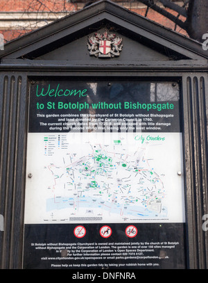 Willkommen Board St Botolph ohne Bishopsgate und Lageplan Bishopsgate, London, UK Stockfoto
