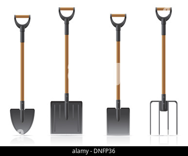 Gartenwerkzeug Schaufel und Heugabel Abbildung isoliert auf weißem Hintergrund Stockfoto