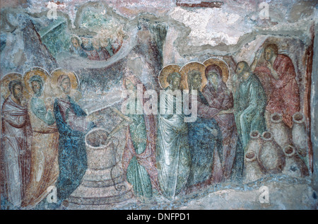 Ehe oder die Hochzeit zu Kana Jesus er Wasser in Wein Wunder c 14 byzantinischen Fresken oder Hodegetria Kirche Mystras Mystras Griechenland Stockfoto