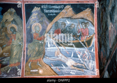 Gleichnis der Wunder Fische oder wundersame fangen von Fischen, 1682 unter freiem Himmel oder Wandmalerei, Kloster Kaisariani Athen Griechenland Stockfoto