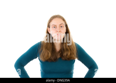 Junge Frau auf weißem Hintergrund abgeraten Stockfoto