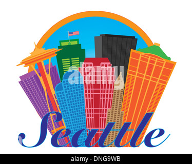 Seattle Washington abstrakt Downtown City Skyline im Kreis isoliert auf weißem Hintergrund Illustration Stockfoto