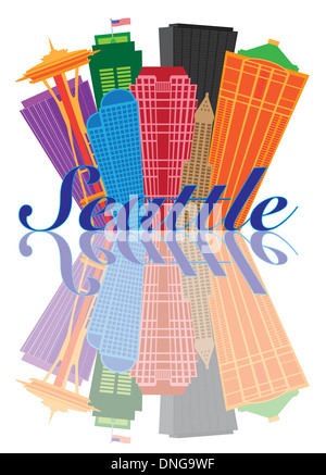 Seattle Washington abstrakt Downtown City Skyline mit Reflexion isoliert auf weißem Hintergrund Illustration Stockfoto