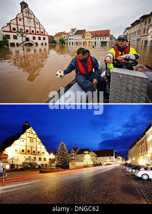 COMBO - zeigt ein zusammengesetztes Foto Marktplatz außerhalb Rathaus während der Überschwemmung auf 3. Juni 2013 (T) und zu Weihnachten am 19. Dezember 2013 in Grimma, Deutschland. Das Hochwasser des Flusses Mulde hat schwere Schäden an der Stadt zweimal in der Zeitspanne von zehn Jahren verursacht. Foto: Jan Woitas/dpa Stockfoto