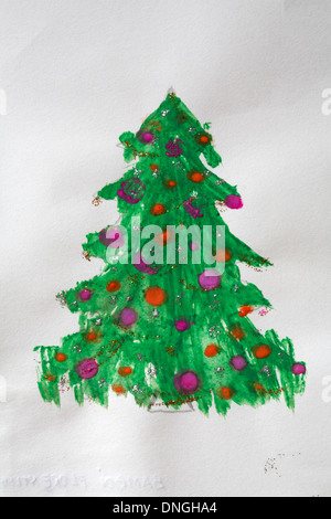 Die Hand des Kindes gebildet Weihnachtskarte mit Weihnachtsbaum und Flitter Stockfoto