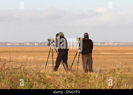 Southport, Merseyside, UK. 29. Dezember, 2013. Vogelbeobachter Überwachung wandernder Arten bei der RSPB Marshside finden. Die Berichte schlagen einige Wasservögel ihre Überwinterungsgebiete nord-östlich durch die wechselnden Temperaturen im Winter verschoben haben. Eine Änderung, die möglicherweise Folgen für ihre Erhaltung, weil Vögel, sind weniger Verwendung der Reserven, die bestimmt waren, um sie zu schützen. Viele verwenden Lancashire WWT behält sich fast als Service Station, um sich auszuruhen und Re - Kraftstoff für einige Wochen, bevor sie auf ihrer Reise in den Süden. Stockfoto