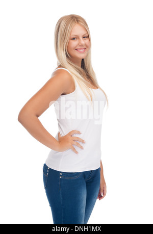 lächelnde Teenager-Mädchen in weißen T-shirt leer Stockfoto