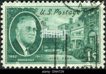 Briefmarke gedruckt in den USA zeigt ein Porträt des 32. Präsident der USA, Franklin Delano Roosevelt, Hyde Park Home Stockfoto