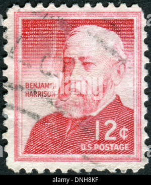 Briefmarken gedruckt in den USA, zeigt ein Porträt 23. Präsident der Vereinigten Staaten, Benjamin Harrison Stockfoto