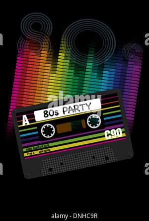 80er Jahre Retro-Hintergrund - Audio-Kassette und Equalizer auf schwarzem Hintergrund Stockfoto