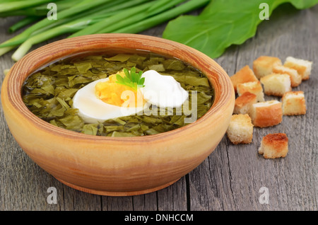 Sauerampfer Suppe mit Ei in braunen Schüssel auf dem Holztisch Stockfoto