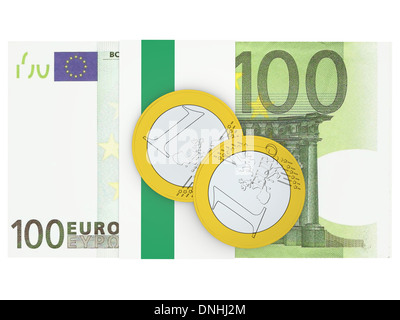 Haufen von Euro-Banknoten mit paar Münzen, Symbol der Euro-Währung Stockfoto
