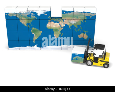 Konzept der internationalen Logistik, moderne gelbe Gabelstapler Stück Weltkarte, isoliert auf weißem Hintergrund. Elemente des Bildes von der NASA eingerichtet. Stockfoto