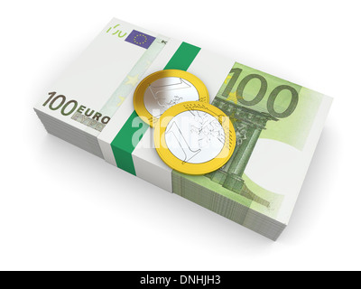 Haufen von Euro-Banknoten mit paar Münzen, Symbol der Euro-Währung, isoliert auf weißem Hintergrund Stockfoto