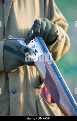 A Mann, laden 12 Bohrung oder Schrotflinte auf einem Fasan schießen in England zu messen Stockfoto