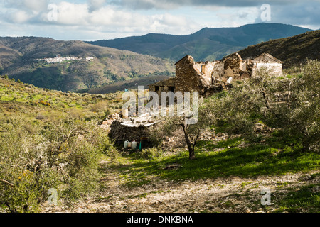 In der Nähe von Los Riscos, Júzcar, Málaga. In der Serranía de Ronda mit Blick auf das Dorf Pujerra. Stockfoto