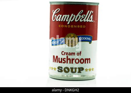 Dose mit Creme von kondensierten Suppe Pilz Campbells stellen ausgeschnitten weißen Hintergrund Textfreiraum Stockfoto