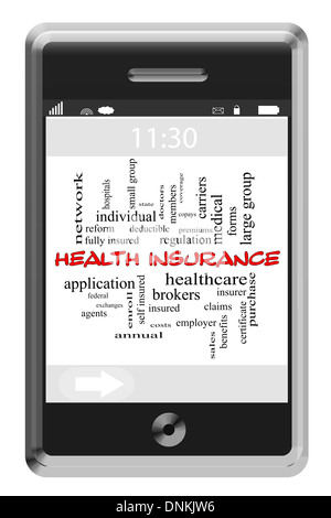 Health Insurance Word Cloud Konzept des Touchscreen-Handy mit großen Begriffe wie Gesundheitswesen, Reform, Prämien und vieles mehr. Stockfoto