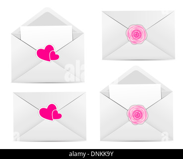Karte zum Valentinstag mit Umschlag, Herz und Rose Blume Vektor-Illustration Stockfoto