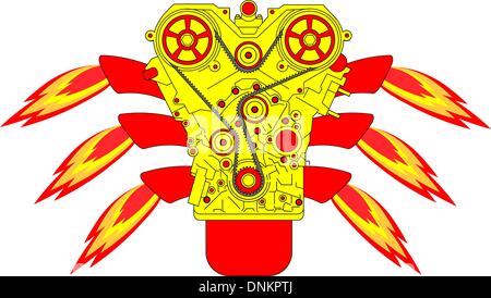Verbrennungsmotor mit Feuer aus dem Auspuff. Vektor-Illustration. Stock Vektor