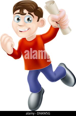 Bildungskonzept eines glücklich lächelnde Menschen springen in der Luft halten ein Scroll-Diplom oder andere Pass Zertifikat mit der Hand in ein fi Stock Vektor