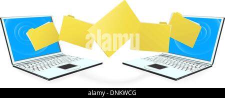 Zwei Laptops mit Datei, Ordner oder Dokumente untereinander übertragen Stock Vektor