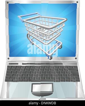 Internet shopping Laptop-Konzept-Darstellung. Warenkorb herausfliegen Laptop-Bildschirm Stock Vektor