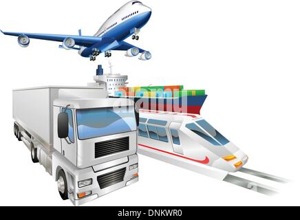 Logistik-Konzept Illustration, Flugzeug, LKW, Bahn und Fracht Containerschiff. Stock Vektor