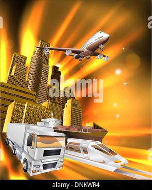 City Logistik Lieferung Konzept Abbildung. LKW, Flugzeug und Zug Beschleunigung in Richtung Betrachter von Stadt. Stock Vektor