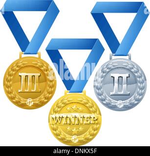 Abbildung der drei Medaillen auf blauen Bändern. Bronze, Silber und Gold Award Gewinner Stock Vektor