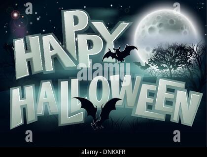 Eine gruselige Happy Halloween Hintergrund Illustration der Nachtszene mit Vollmond Fledermäuse und furchterregende Bäume Stock Vektor